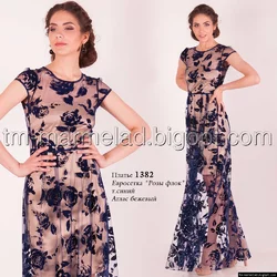 Платье женское 1382 Евросетка "Розы флок" темно-синий, атлас бежевый